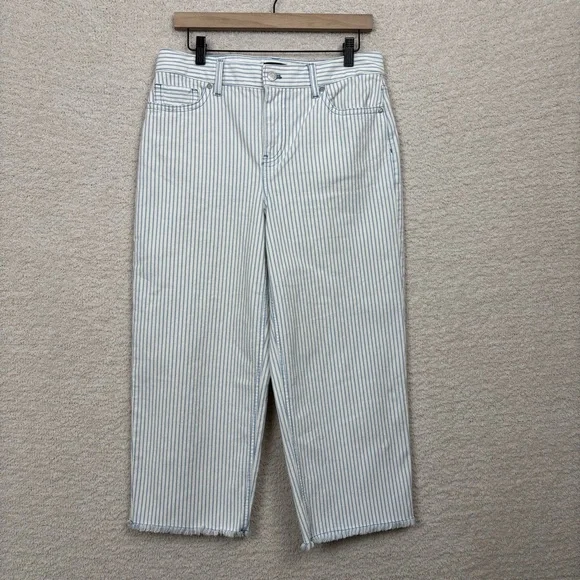 Talbots Jeans Womens 10 Petite Blue White Stripe Wide Leg Crop Jean Fray Hem - Picture 1 of 9